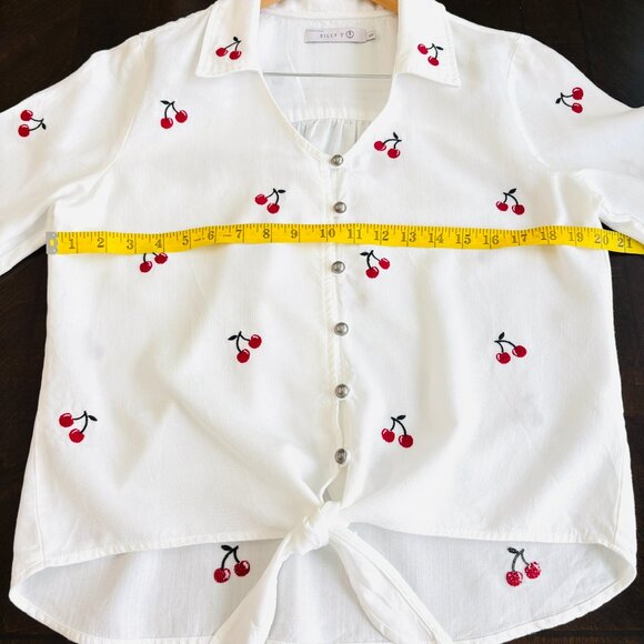 Billy T Cherry Embroidered Buttoned Tie Front Shirt White Sz S Cotton Summer Top - Picture 7 of 8